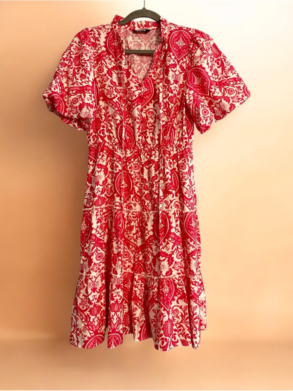 BTFBM Pink White Paisley Floral Tiered V-Neck Flowy Midi Puff Sleeve Dress Sz S